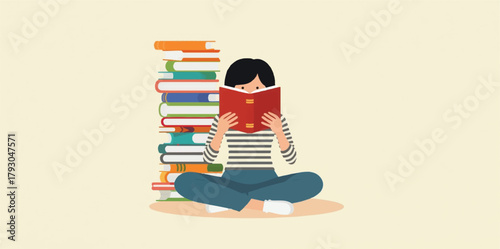 reading illustration, student, woman reading, studying, education, knowledge, stack of books, literature, vector illustration, flat design, e-learning, online education, line icons, minimalist, outlin