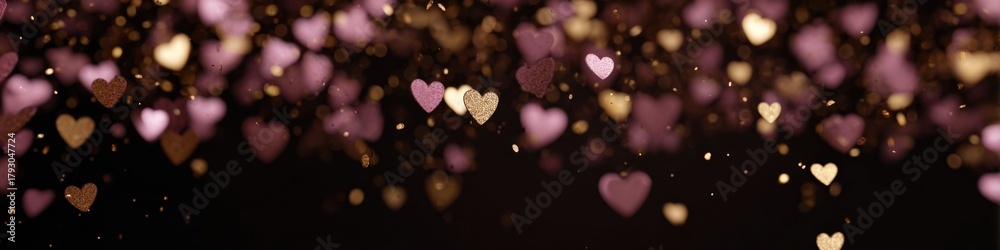 Fototapeta premium Romantic golden and pink heart bokeh lights on dark background