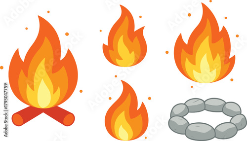 Campfire flames, cartoon fire icons, burning logs, stone fire pit, vector illustration, camping concept, hot flame, outdoors, survival fire, warm bonfire, glowing light, wood flame