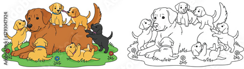 Adorable Golden Retriever Family: Mother Dog with Her Playful Puppies in a Grassy Field - Cute Cartoon Vector Illustration for Coloring Book