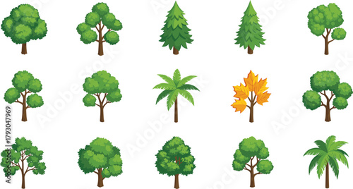 Cartoon tropical and forest trees collection, vector illustration of green and autumn trees for landscape design