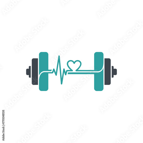 Dumbbell displaying heartbeat line with heart shape symbolizes fitness and healthy lifestyle on white backdrop, conveying wellness and motivation.