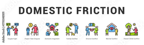 Domestic Friction Modern and clean web banner illustration featuring thematic icons for visual communication