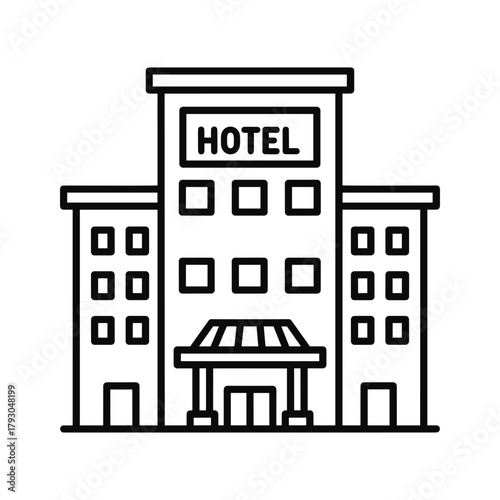 Outline icon of a hotel building with multiple windows and an entrance canopy