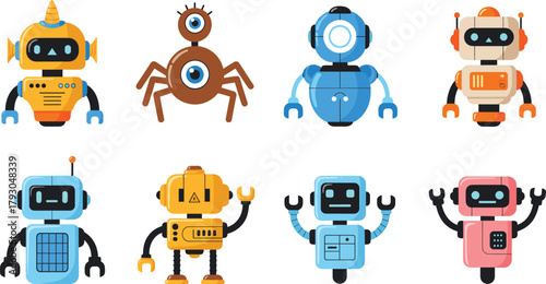 Colorful collection of cute cartoon robots with unique designs and personalities, ideal for technology themes, futuristic illustrations, children’s projects, and sci-fi vector artwork.