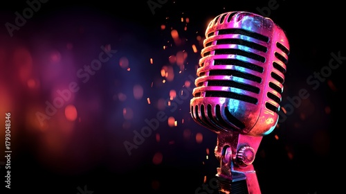 Vintage style  microphone illuminated with vibrant neon stage lighting against a dark background