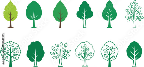 Collection of green tree icons, flat vector design, eco nature illustration, environmental and botanical graphic elements