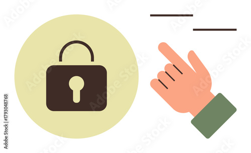 Lock icon and human hand gesturing touch action. Ideal for security, privacy, authorization, access control, digital interaction, usability, and protection themes. Simple flat metaphor