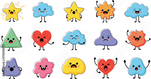 Cute shapes, emotional characters, cartoon faces, geometric emotions, happy and sad shapes, kawaii design, vector art, playful icons, adorable expressions, educational shapes