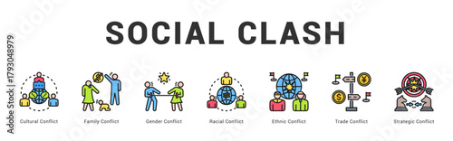 Social Clash Modern and clean web banner illustration featuring thematic icons for visual communication