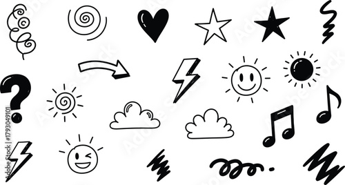 Hand Drawn Doodle Icons Set with Question Mark, Heart, Stars, Sun, Clouds & Music Notes