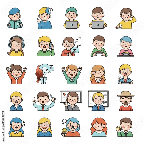 Boy Emotions & Daily Activities Icons, Cute Cartoon Expressions for Kids’ Apps, Education, and Social Media Content