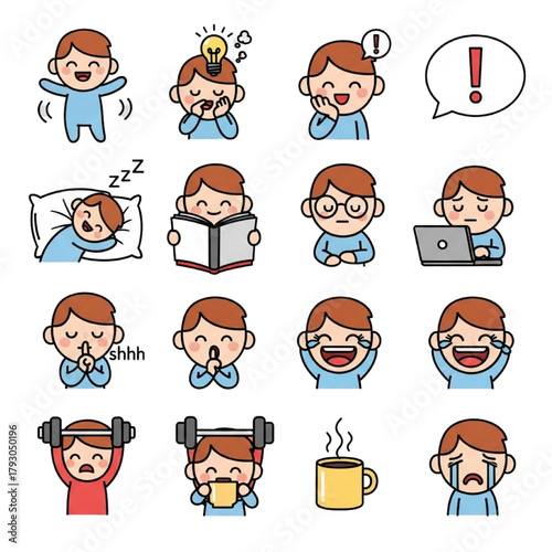 Boy Emotions & Daily Activities Icons, Cute Cartoon Expressions for Kids’ Apps, Education, and Social Media Content