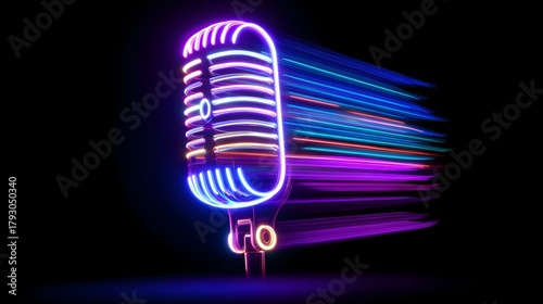 Retro style microphone glows with vibrant neon light trails against a dark background