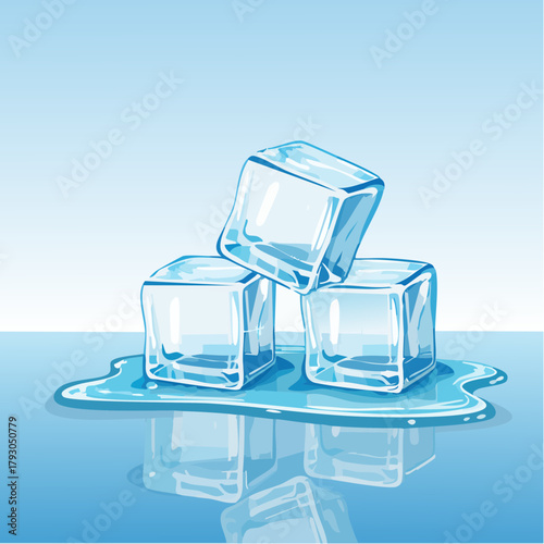 Three Translucent Ice Cubes Melting on a Reflective Surface Against a Light Blue Gradient Background with Water Droplets and Shadows