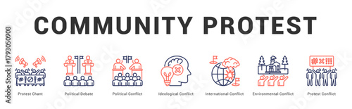 Community Protest Modern and clean web banner illustration featuring thematic icons for visual communication