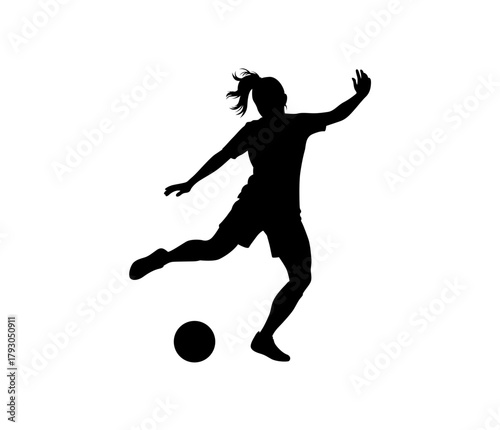 Dynamic silhouette of a female soccer player kicking a ball in motion