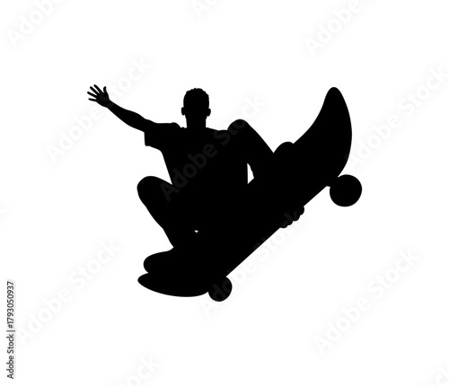 Silhouette of a skateboarder performing a trick mid air with a white background