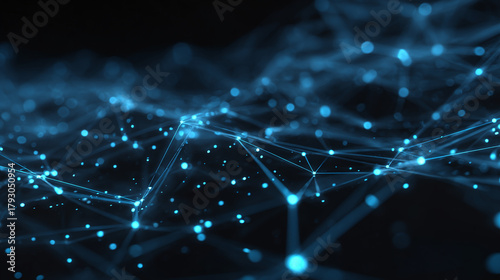 Abstract digital network of glowing blue dots connected by lines, representing data flow and connectivity. The scene evokes a sense of technological advancement and interconnectedness.