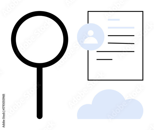 Magnifying glass inspecting a document with user profile icon and cloud shape. Ideal for recruitment, hiring, analysis, career growth, research, data exploration, human resources. Simple flat