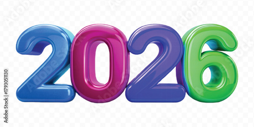 abstract 3d colorful three dimensional 2026 typography Isolated on a transparent background