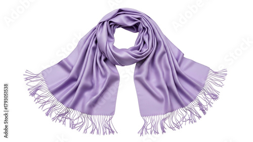 Smooth satin fabric shawl draped with flowing folds and fringed edges is isolated against a solid black background