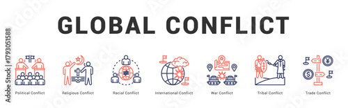 Global Conflict Modern and clean web banner illustration featuring thematic icons for visual communication