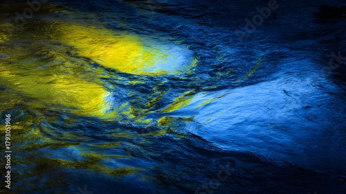 Abstract visual pattern created by illuminated liquid surface movement in deep cool and bright warm tones