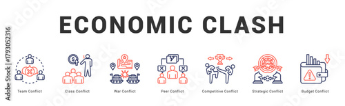 Economic Clash Modern and clean web banner illustration featuring thematic icons for visual communication