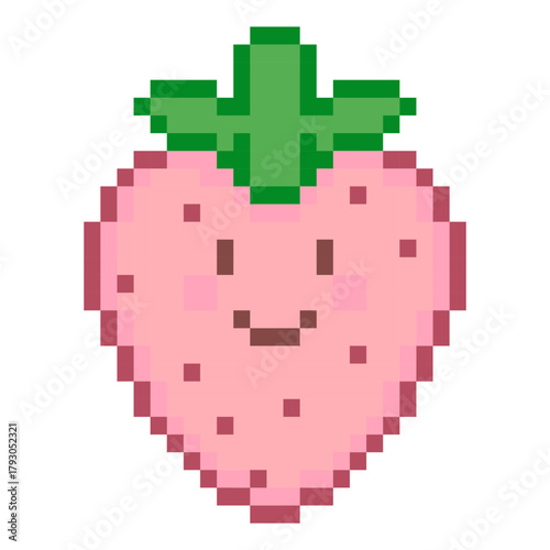 Pixel art cute pink strawberry with green leaves
