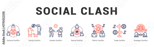 Social Clash Modern and clean web banner illustration featuring thematic icons for visual communication