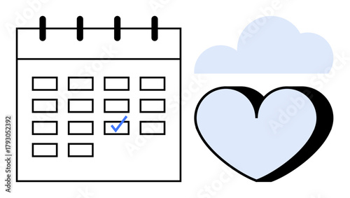Calendar with checkmark for task completion, heart symbol for care or well-being, and cloud for mental space. Ideal for time management, organization, self-care, balance, productivity, mindfulness