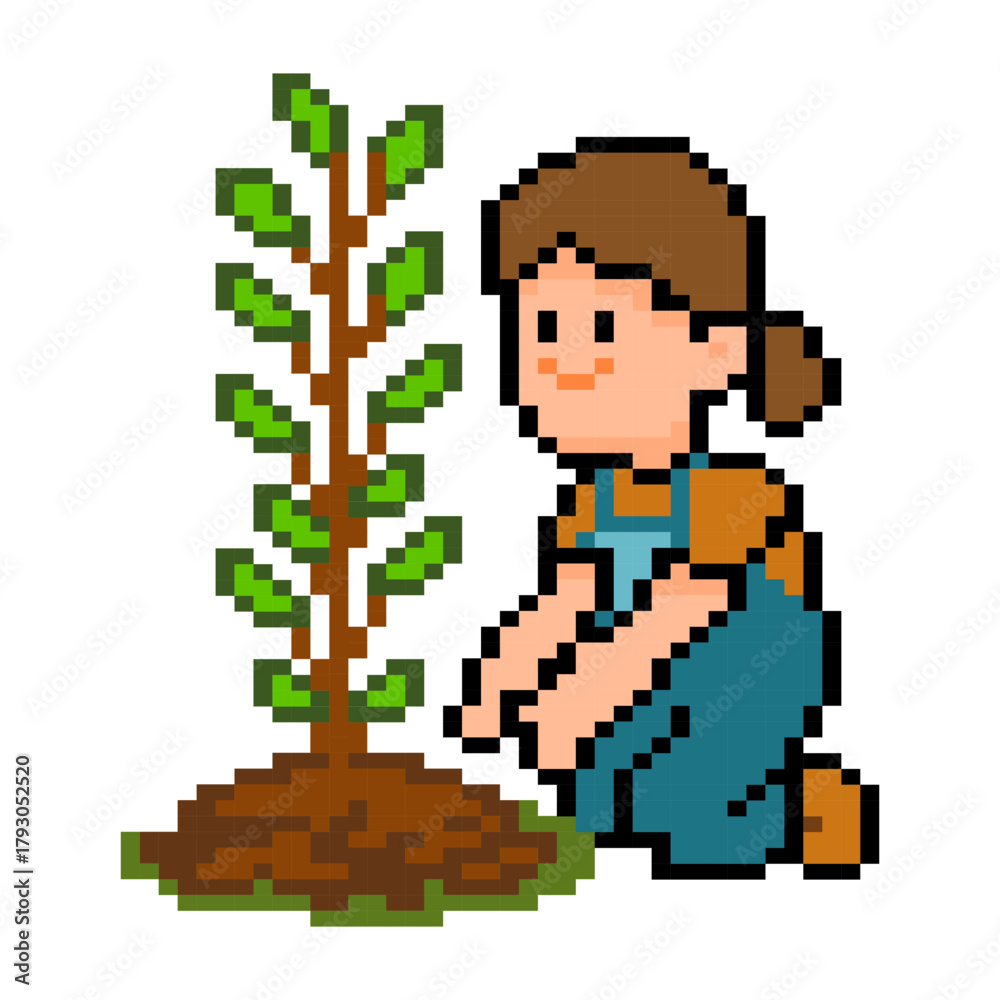 Obraz premium Pixel art girl planting a small tree