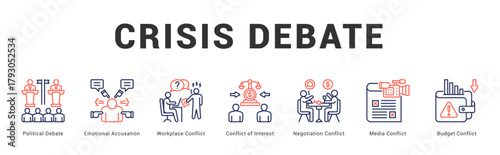 Crisis Debate Modern and clean web banner illustration featuring thematic icons for visual communication