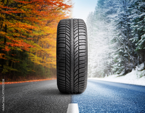 Summer tires on a road winter wheel off. Change a car seasonal tyre summer forest road with trees background. Change for winter tire. Banner Selling off. Or Background automechanic