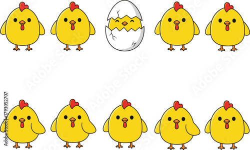 Cute collection of yellow chick illustrations including hatched and newborn designs, perfect for farm themes, Easter graphics, children’s artwork, and adorable vector projects.
