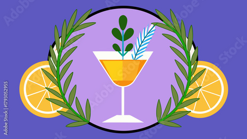 Botanical-infused cocktail with aromatic garnishes in flat vector style