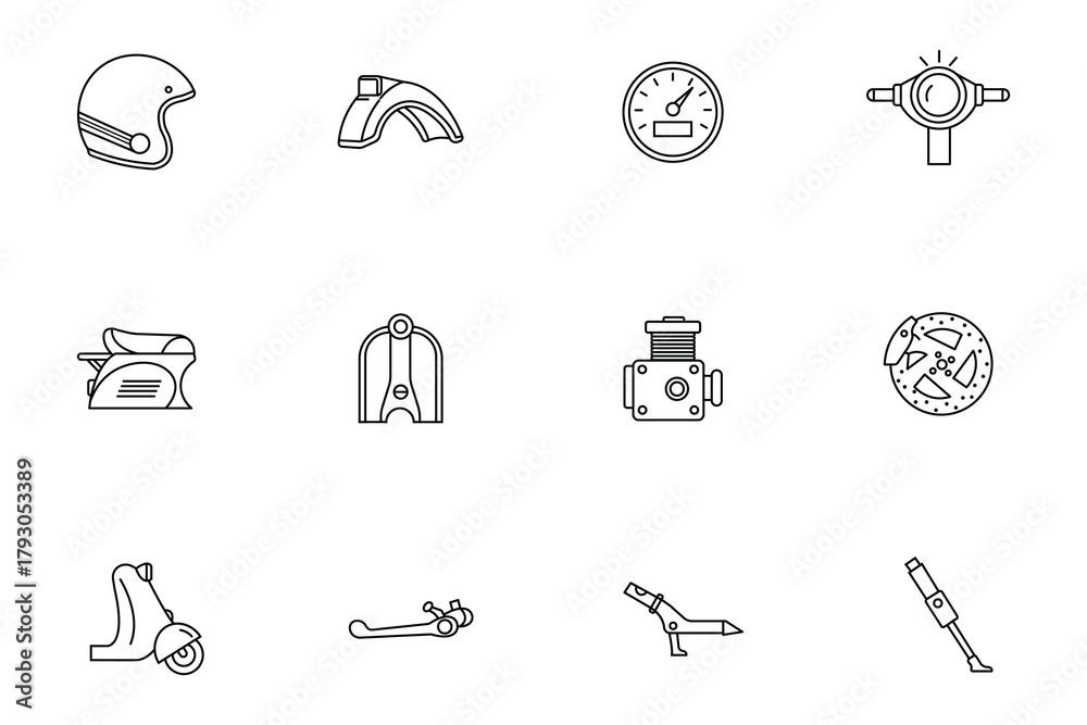 Fototapeta premium Retro Scooter Parts and Accessories Line Icons Set
