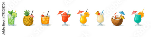 Tropical cocktail icon set. Summer drink vector set. Tropical cocktail collection in glasses for beach, bar or vacation themes.