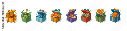 Gift box icon set. Holiday present vector set. Gift box collection with toys and surprises for celebration and party designs.