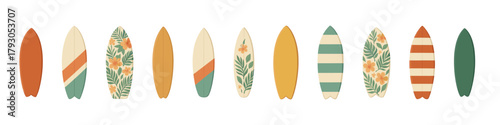 Surfboard icon set. Surf board vector set. Surfboard collection with tropical patterns for summer and beach sports design.