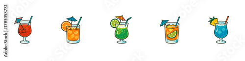 Tropical cocktail icon set. Summer drink vector set. Tropical cocktail collection in glasses for beach, bar or vacation themes.