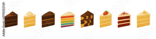 Cake slice icon set. Dessert vector set. Cake slice collection with various flavors for bakery, birthday and sweet designs.