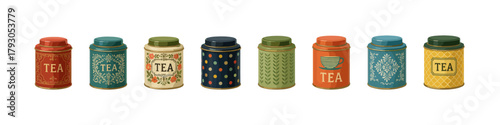 Tea tin icon set. Tea container vector set. Tea tin collection with vintage packaging designs for storage or kitchen decor.