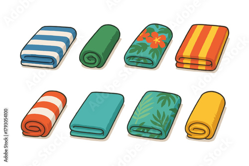 Beach towel icon set. Summer towel vector set. Folded towel collection with patterns and colors.