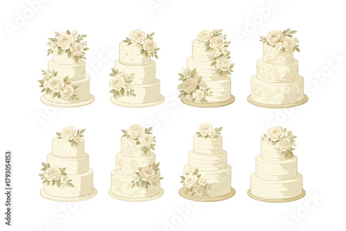 Wedding cake icon set. Elegant cake vector set. Collection of floral tiered cakes for ceremony.