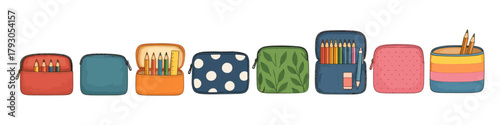Pencil case icon set. School supplies vector set. Zipper pouch collection with stationery inside.