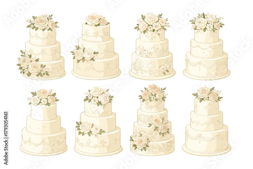 Wedding cake icon set. Elegant cake vector set. Collection of floral tiered cakes for ceremony.