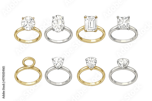 Ring icon set. Engagement and wedding ring vector set. Collection of gold and silver rings with diamonds for jewelry and gift design.