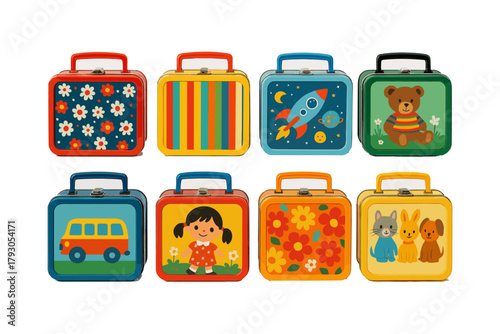 Lunch box icon set. School lunch vector set. Colorful metal boxes with kids designs and patterns.
